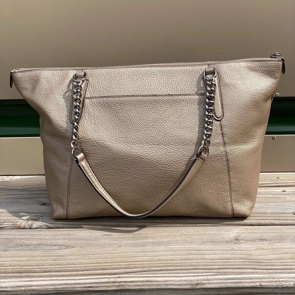 Coach Ava Chain Tote Platinum Metallic Pebbled Leather Shoulder Bag F58688